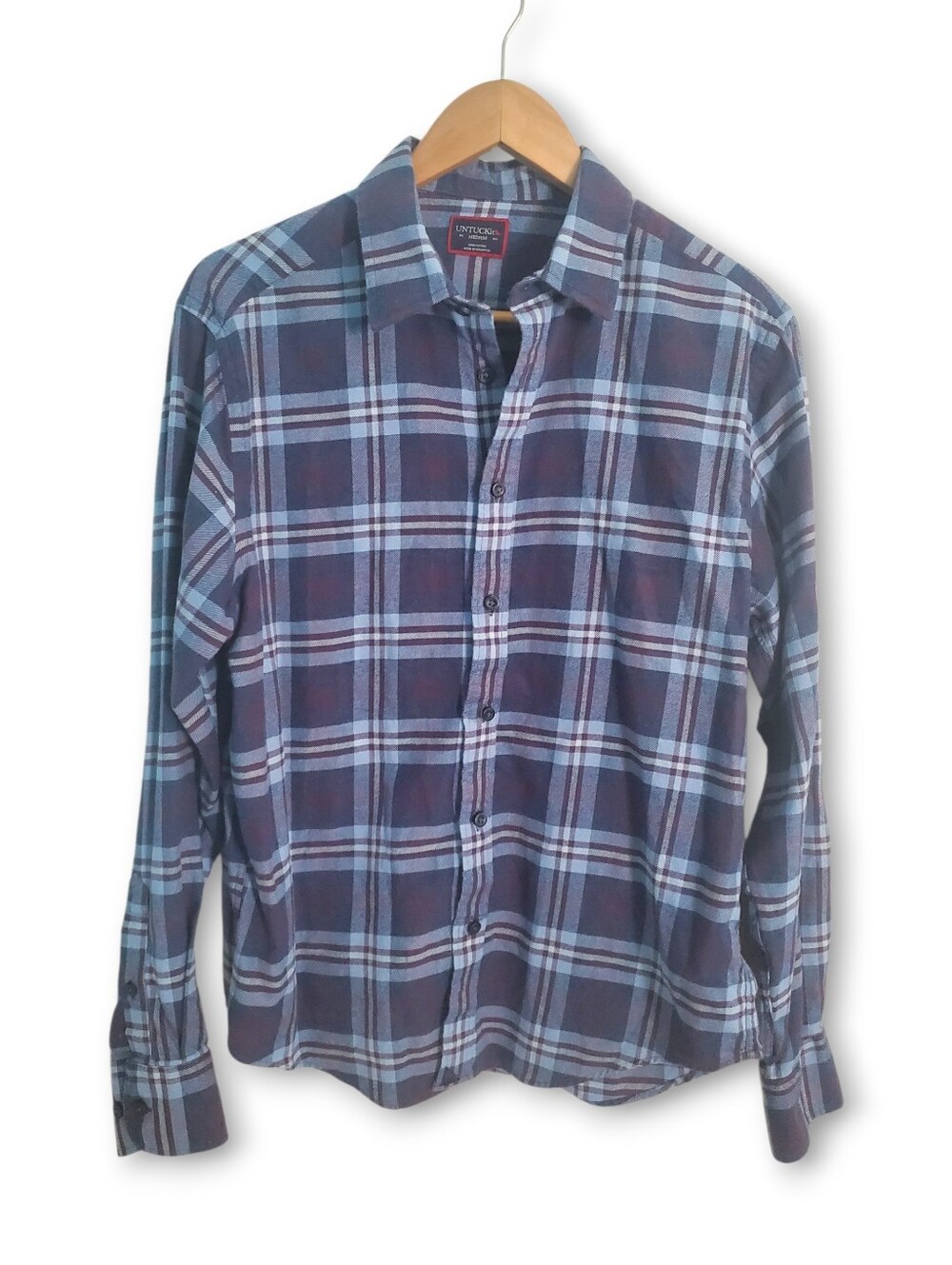 UNTUCKit Barrington Plaid Button-Up Shirt in Navy and Burgundy, Size M